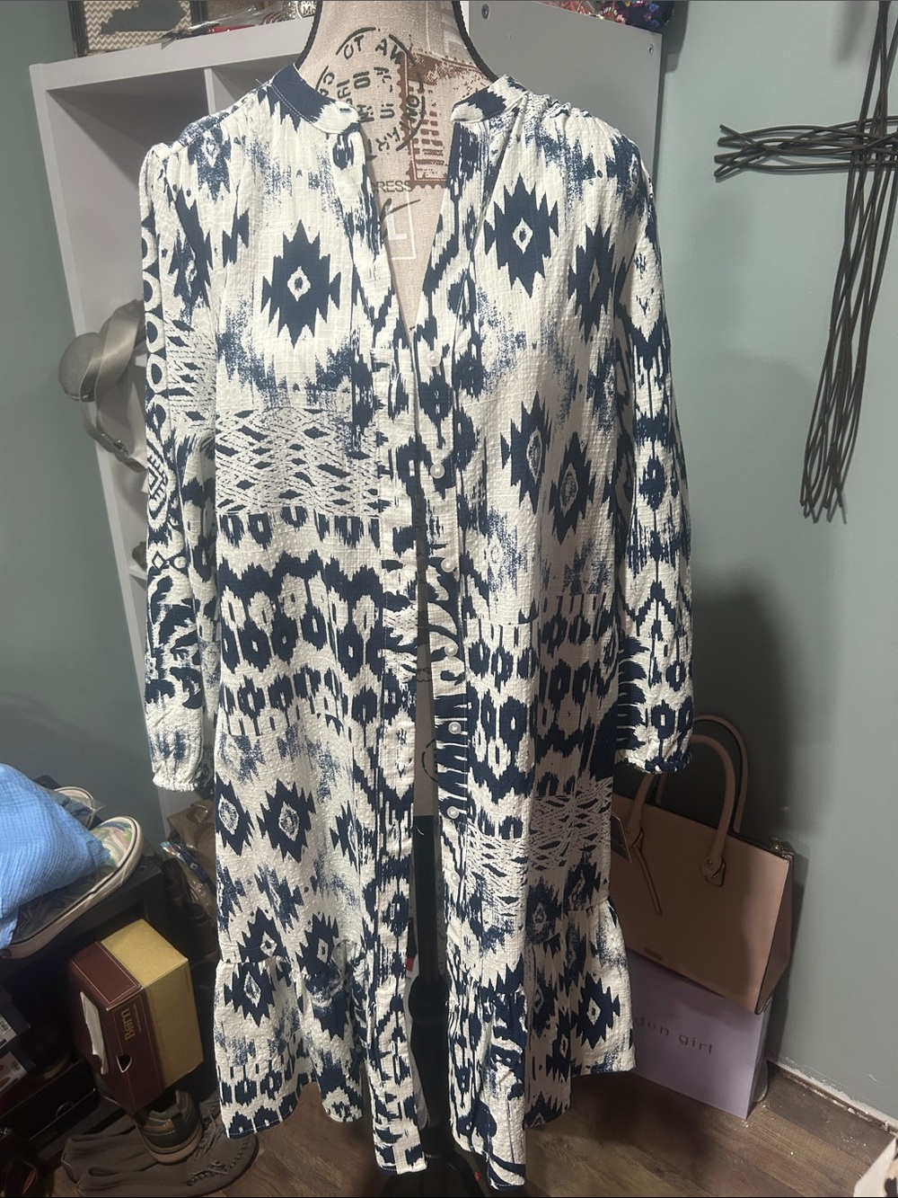 Falls Creek Navy and White Patterned Long Dress PTP 19” L 36”